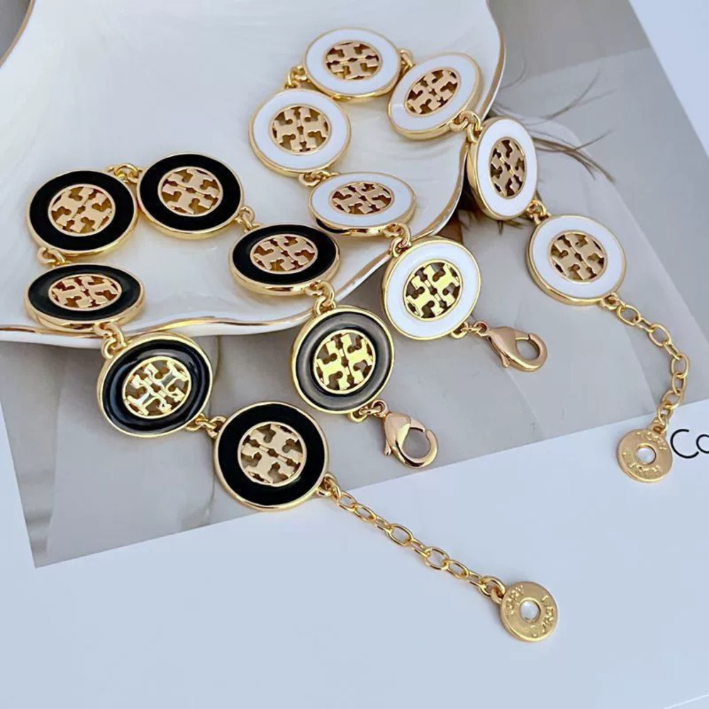 Tory Burch Hollow Letter Inlaid Geometric Circle Metal Bracelet